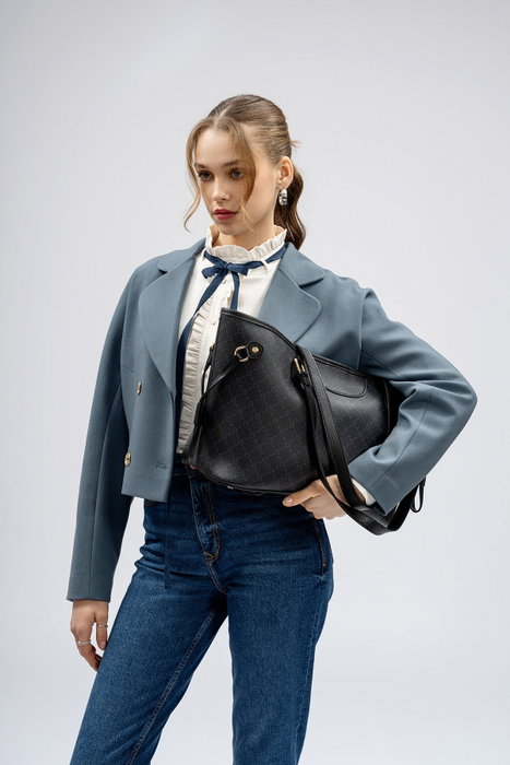 Lucky Bees 355 v2 Bolso Tote de Piel de Polivinilo Negro y Gris, 37x15x28 cm